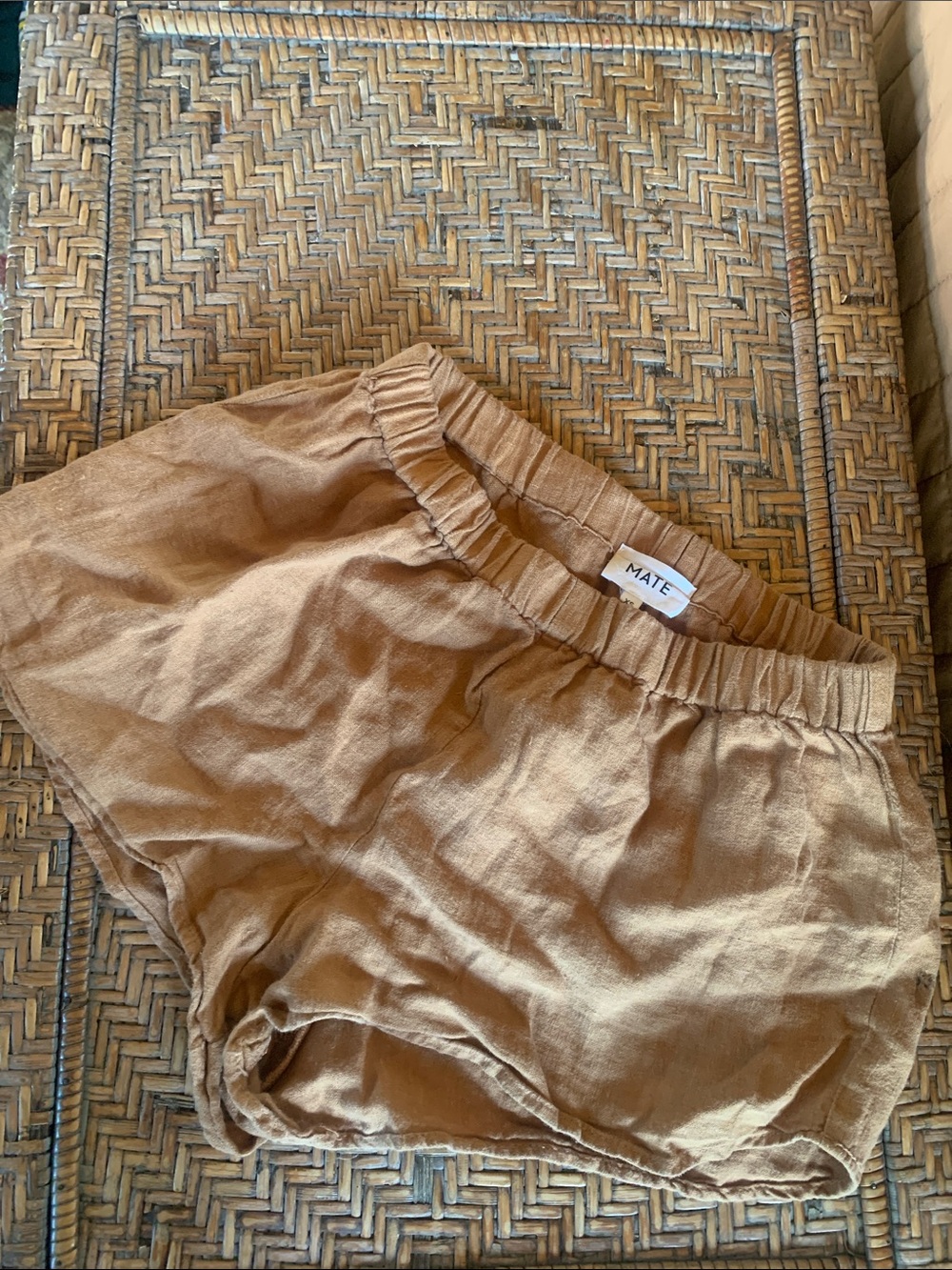MATE the Label Linen Blend Elastic Waist Shorts in Tan